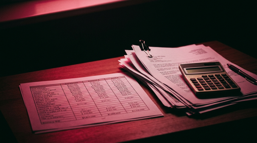 Tabla con cuatro presupuestos impresos y una calculadora sobre un escritorio.