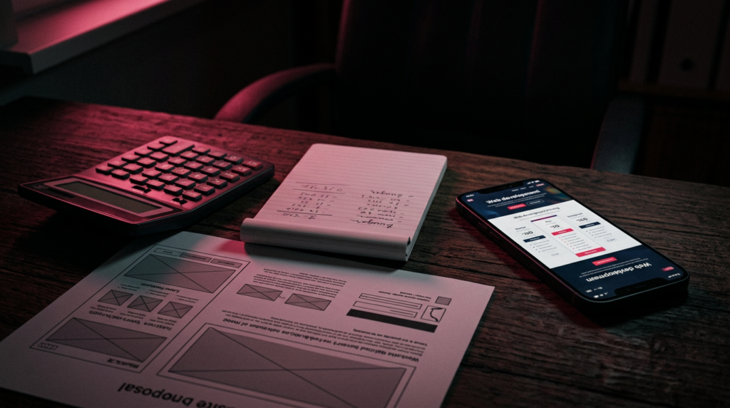 Calculadora, libreta con cifras y propuesta impresa de diseño web sobre un escritorio.