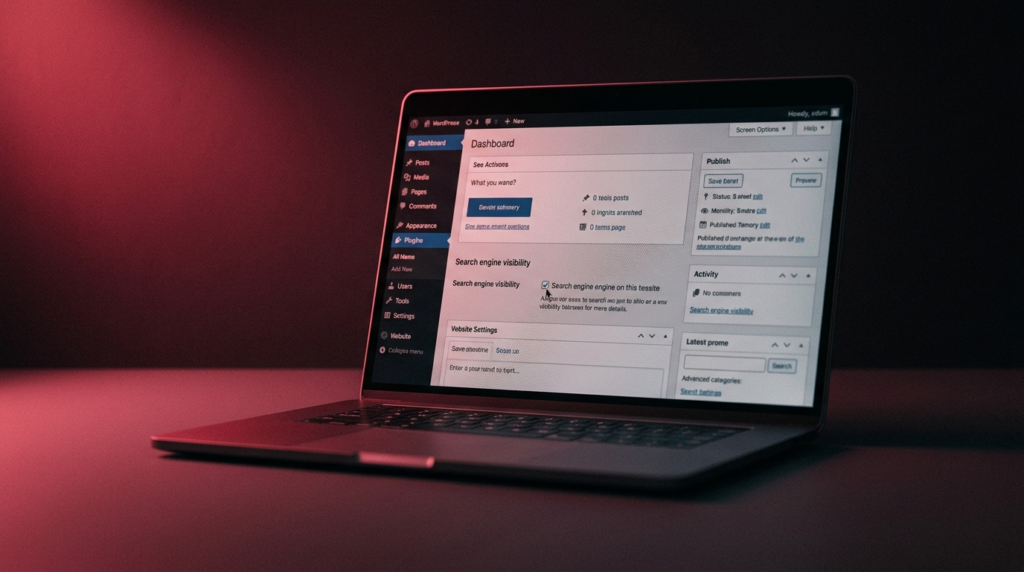 Pantalla de portátil mostrando la casilla de verificación activada que desalienta a los motores de búsqueda de indexar un sitio web de WordPress.