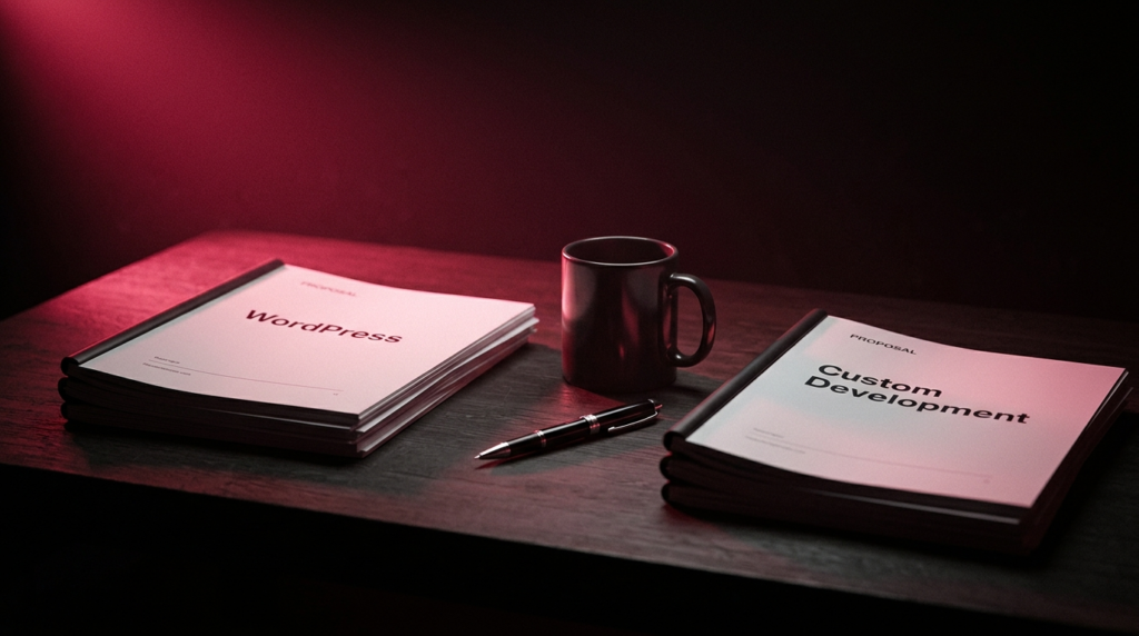 Dos pilas de documentos sobre un escritorio, una etiquetada "WordPress" y la otra "Desarrollo a medida", con un bolígrafo y una taza de café entre ellas.